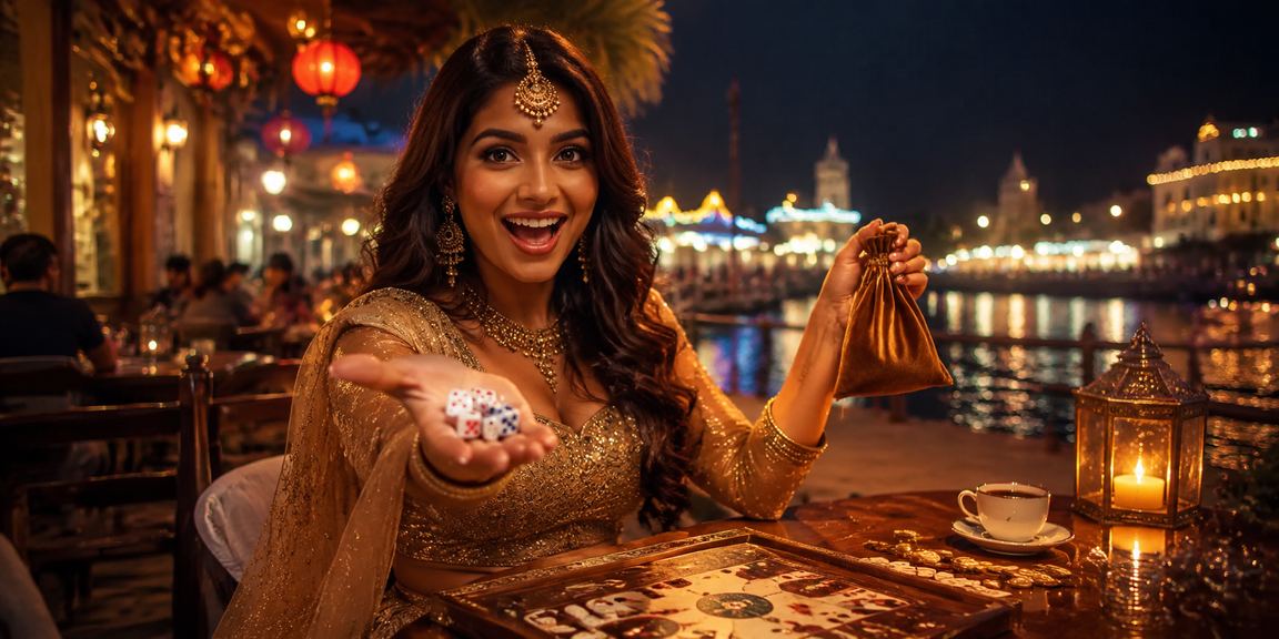 Woman playing dice game in traditional Indian clothing